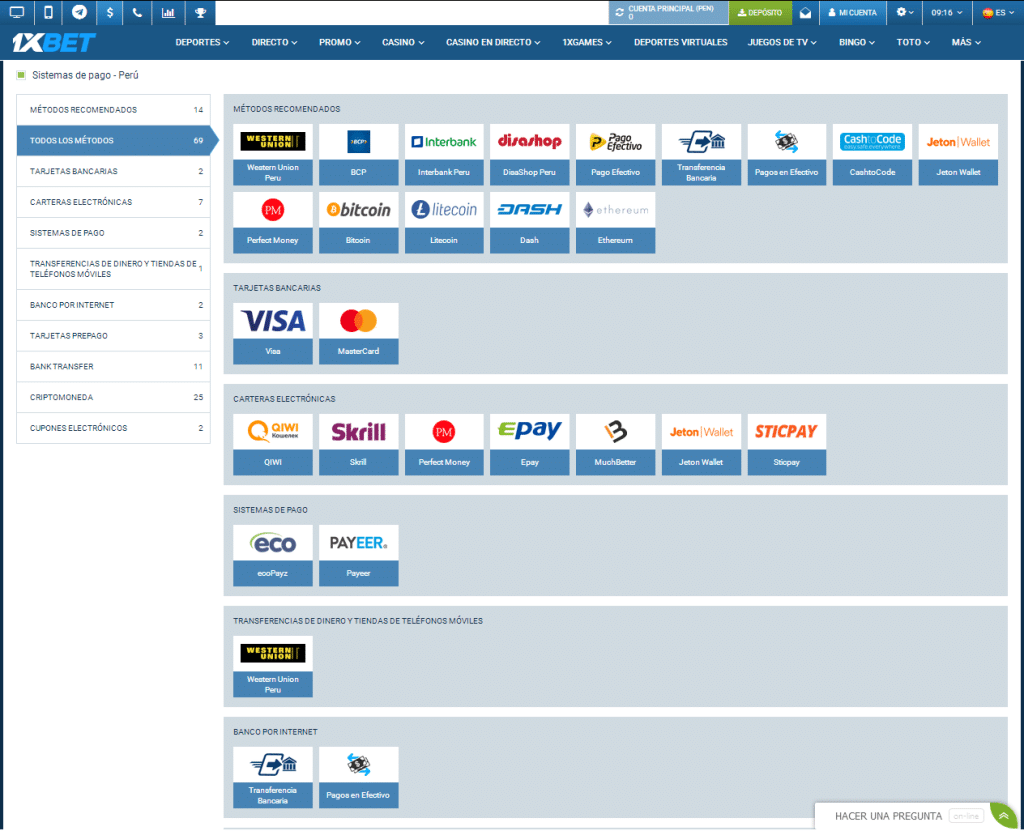 1xbet métodos de pago